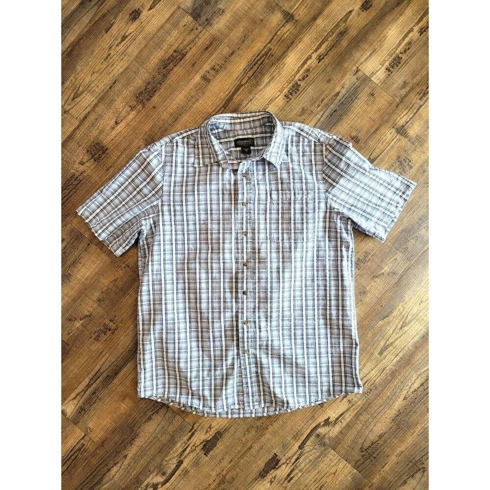 Eddie Bauer Shirt Men's Large Blue Plaid Short Sleeve Button Up